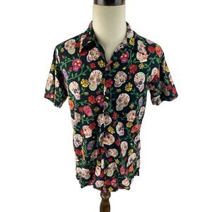 David Carey Originals Sugar Skulls Shirt Mens M Floral Short Sleeve Button Up